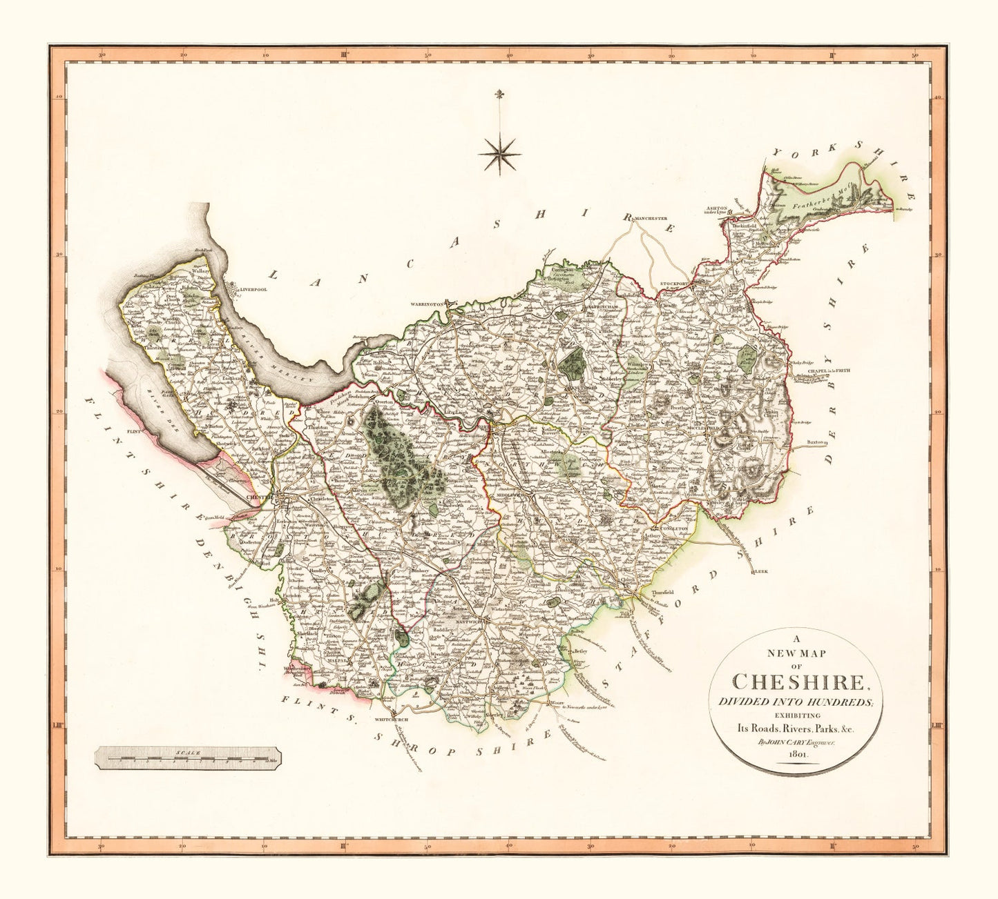 Vintage Map of Cheshire County, England, 1808