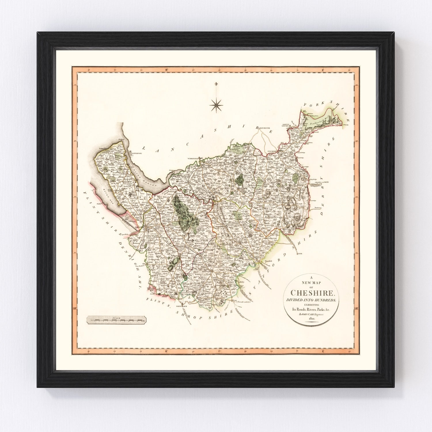 Vintage map of Cheshire County, England, 1808, digitally restored print