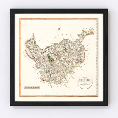 Vintage map of Cheshire County, England, 1808, digitally restored print