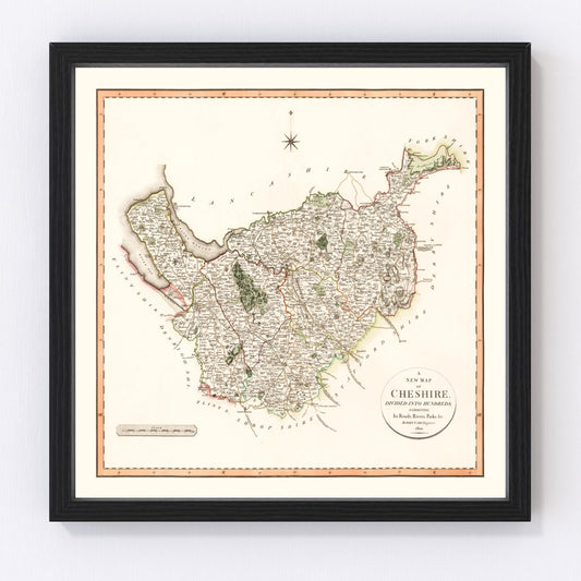 Vintage map of Cheshire County, England, 1808, digitally restored print