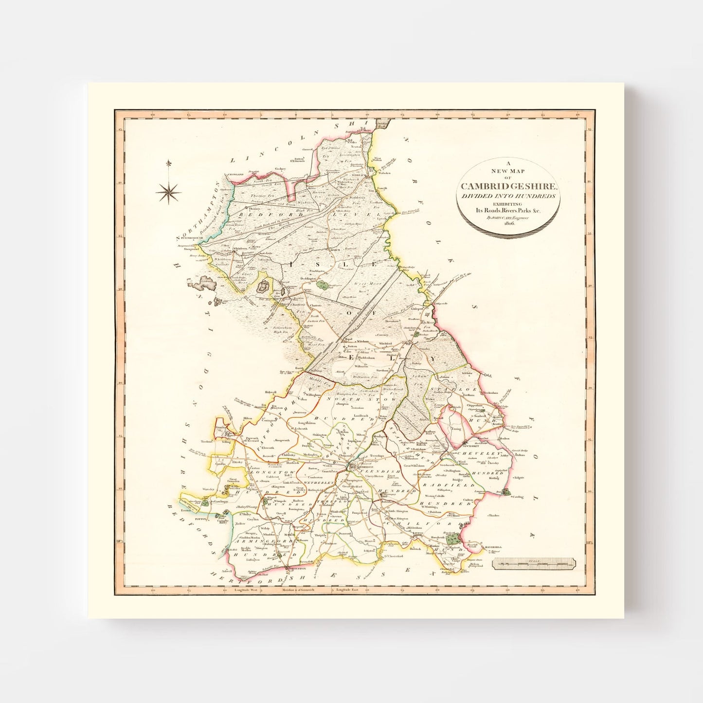 Vintage Map of Cambridgeshire County, England, 1808