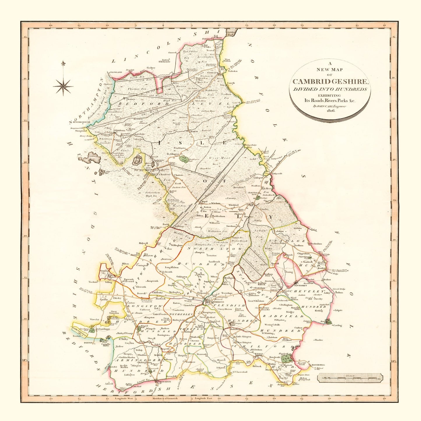 Vintage Map of Cambridgeshire County, England, 1808