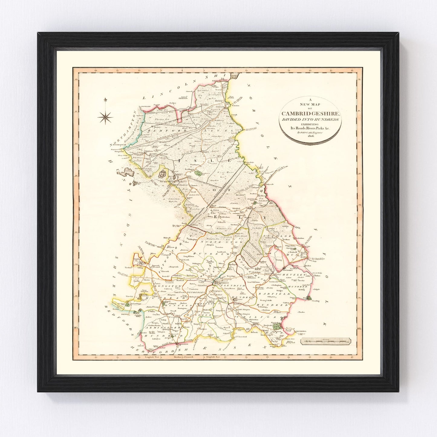 Vintage map of Cambridgeshire County, England, 1808, Regency era restored print