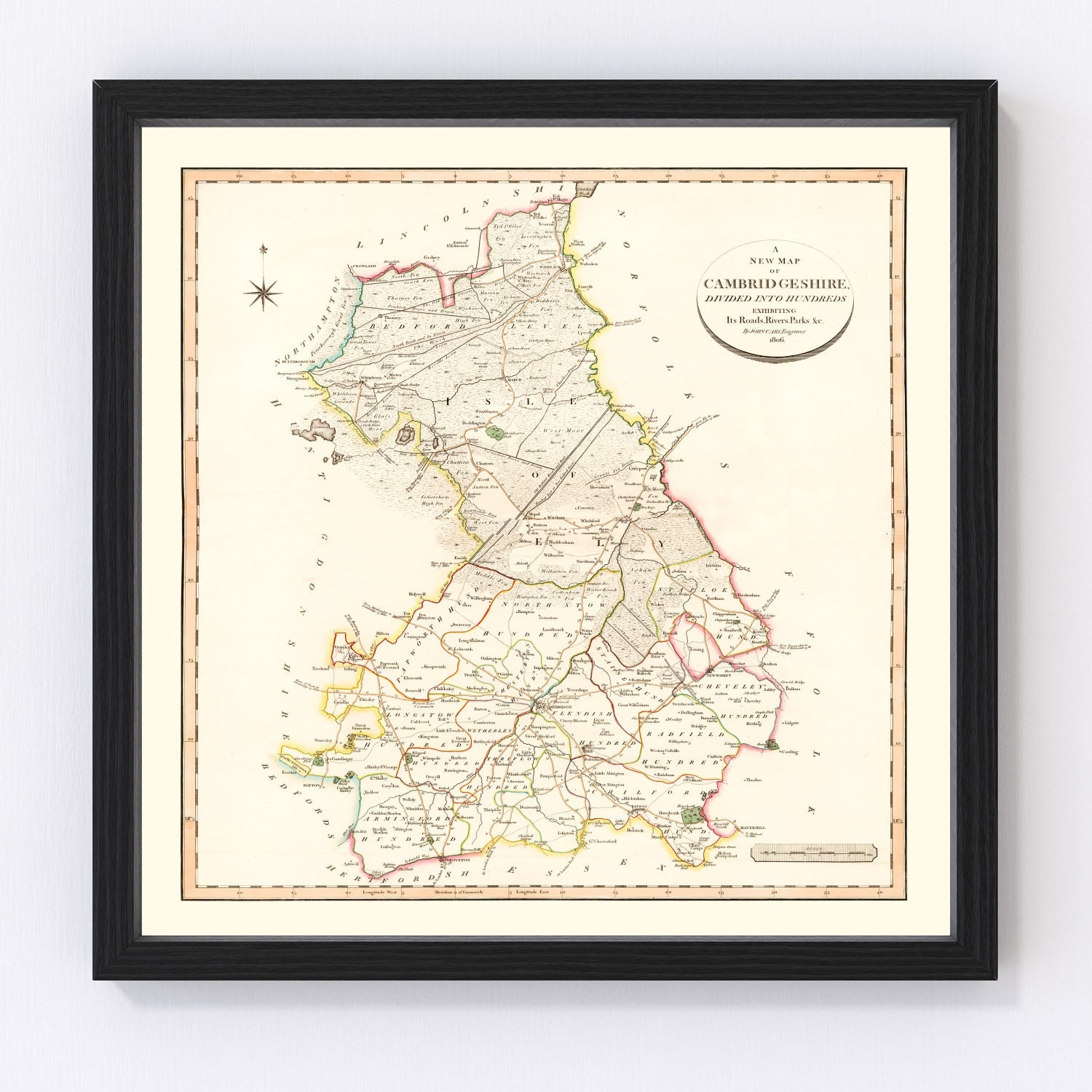 Vintage map of Cambridgeshire County, England, 1808, Regency era restored print