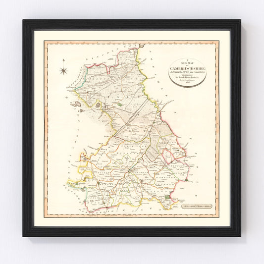 Vintage map of Cambridgeshire County, England, 1808, Regency era restored print