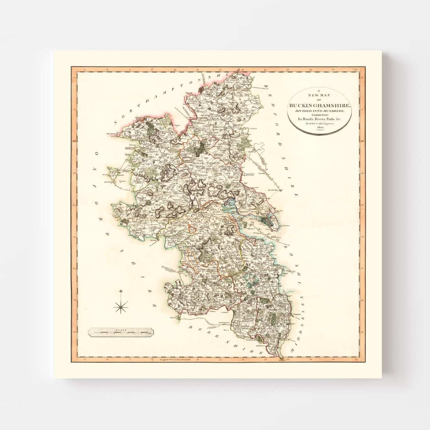 Vintage Map of Buckinghamshire, England 1801 Wall Art