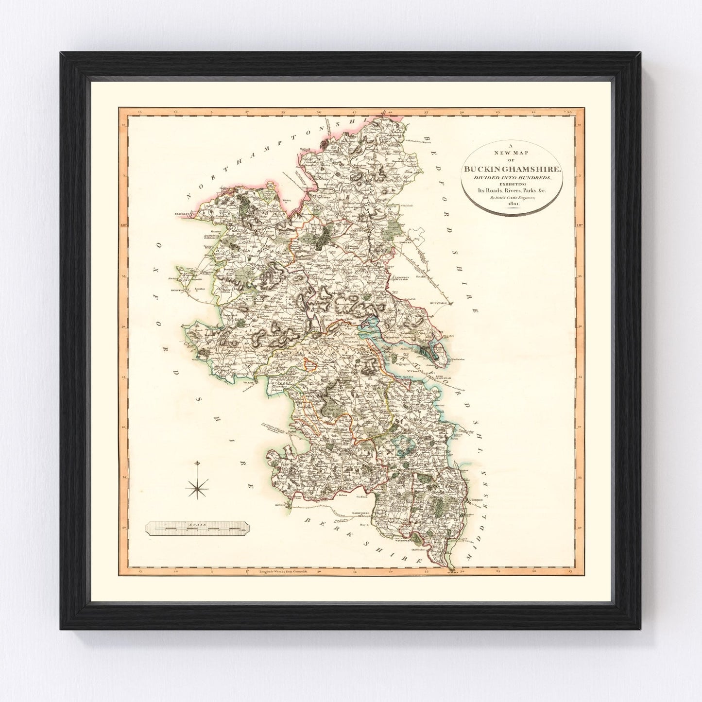 Vintage map of Buckinghamshire, England, 1801 - digitally restored cartographic print
