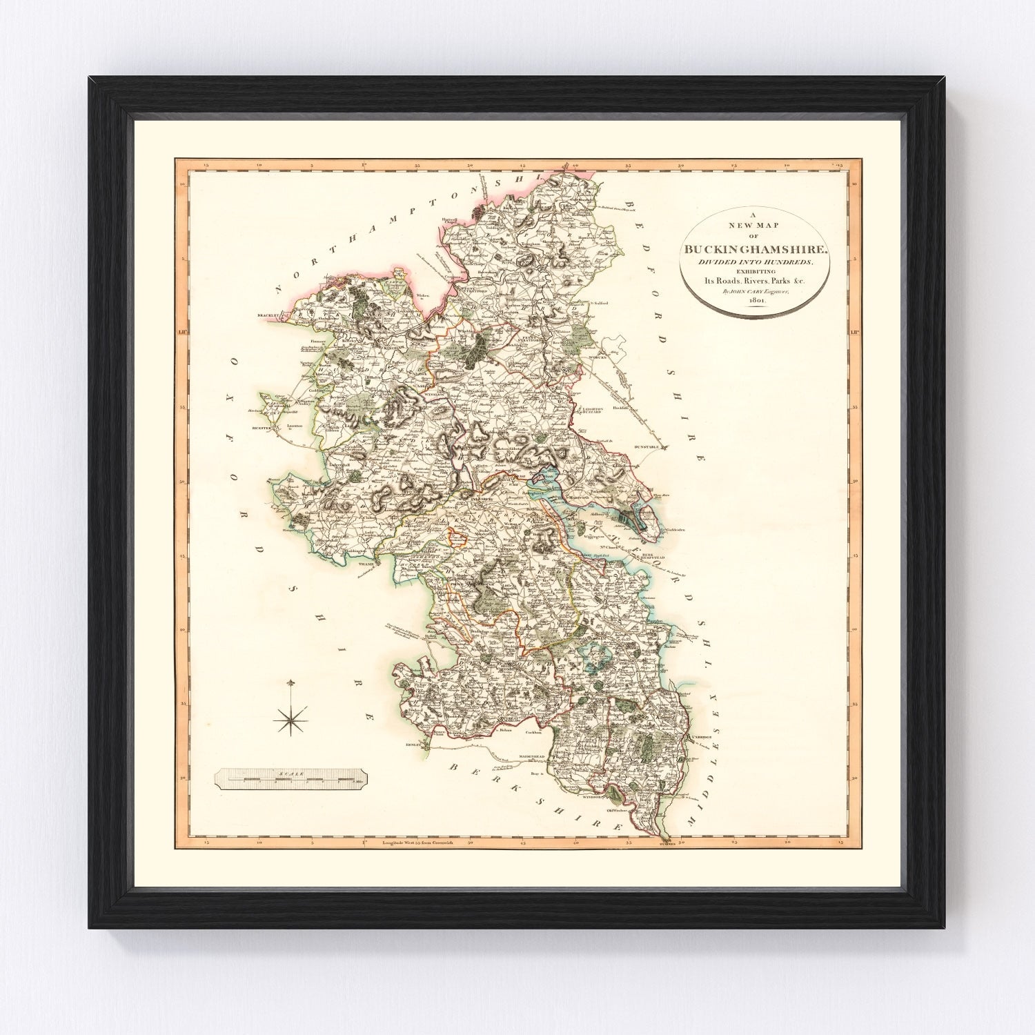 Vintage map of Buckinghamshire, England, 1801 - digitally restored cartographic print