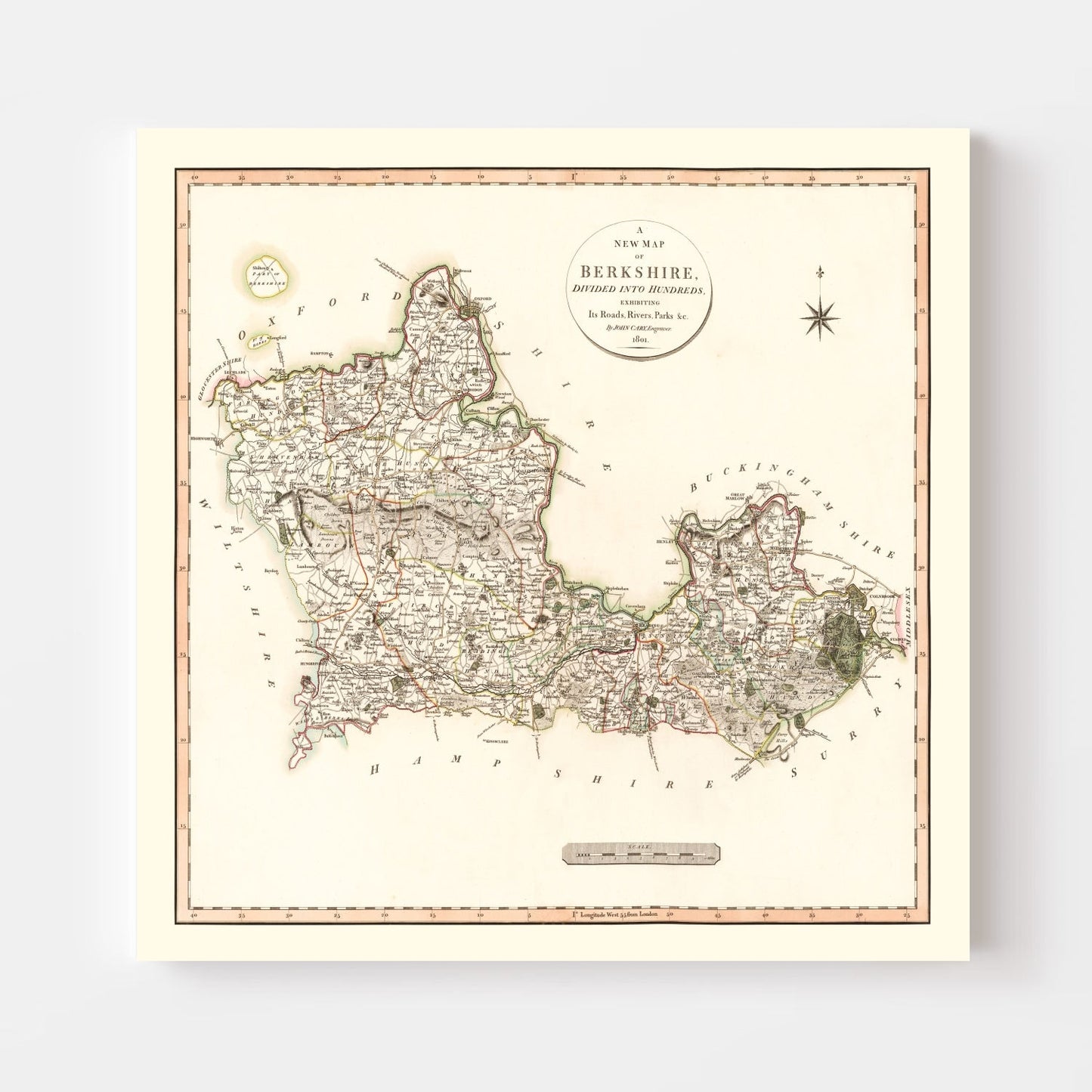 Vintage Map of Berkshire County, England, 1801
