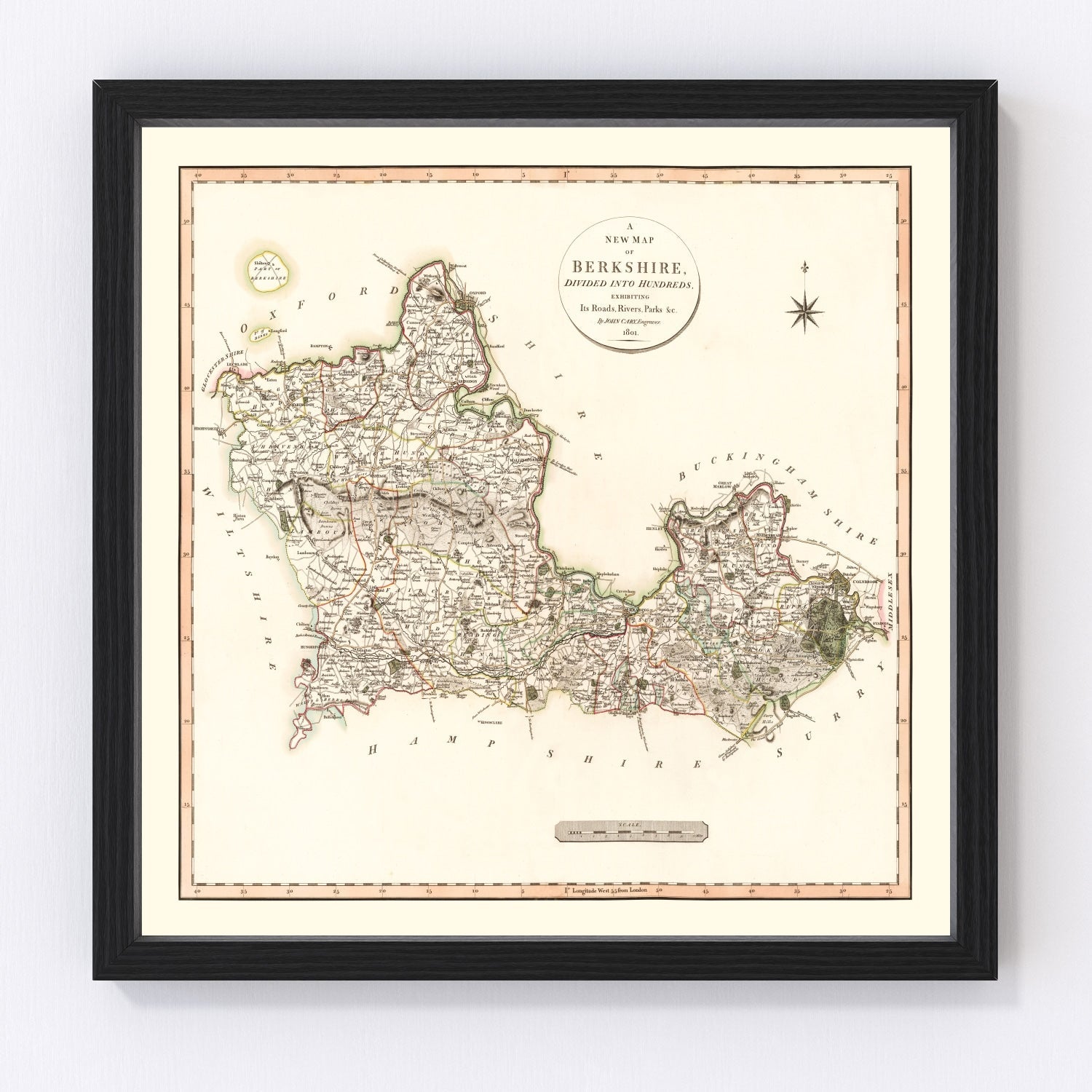 Vintage map of Berkshire County, England, 1801, Thames Valley restored print