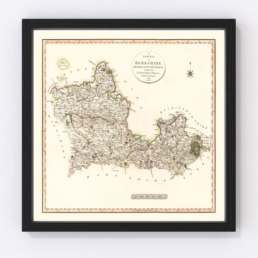 Vintage map of Berkshire County, England, 1801, Thames Valley restored print
