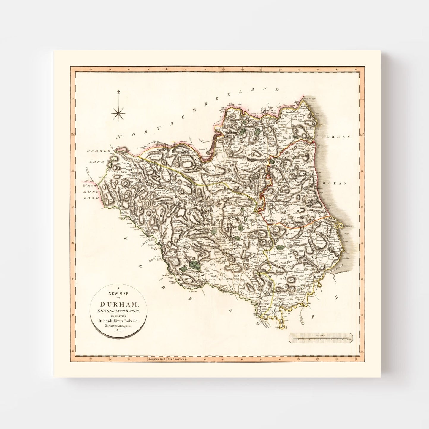 Vintage Map of County Durham, England, 1801