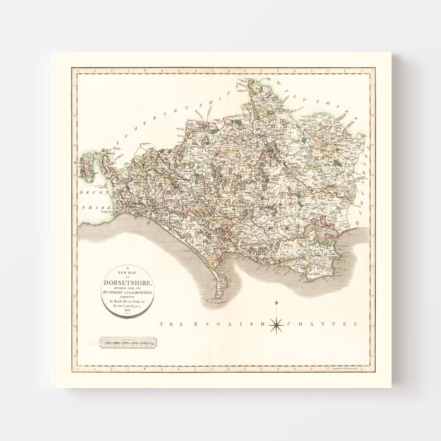Vintage Map of Dorsetshire, England, 1806