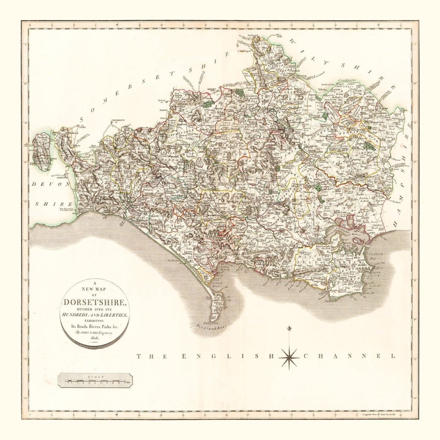 Vintage Map of Dorsetshire, England, 1806