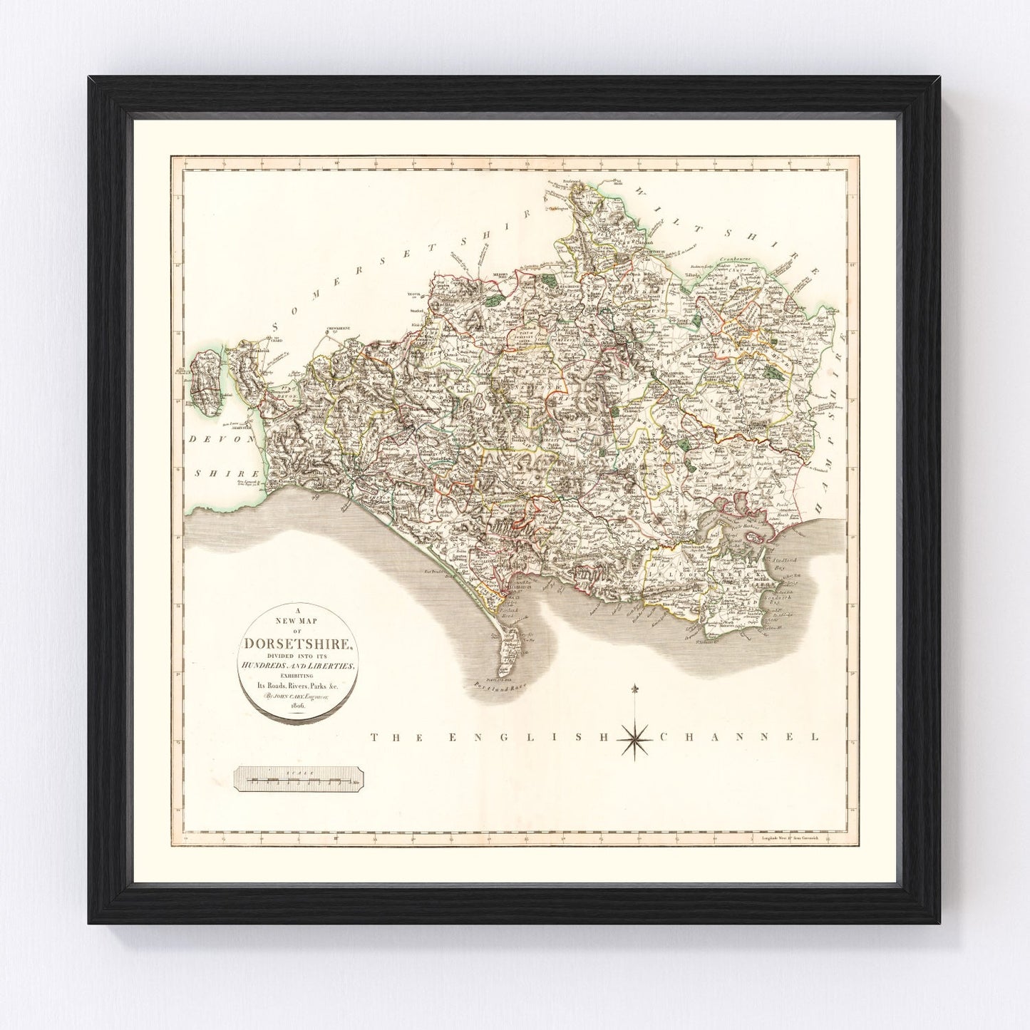 vintage map of dorsetshire, england, 1806