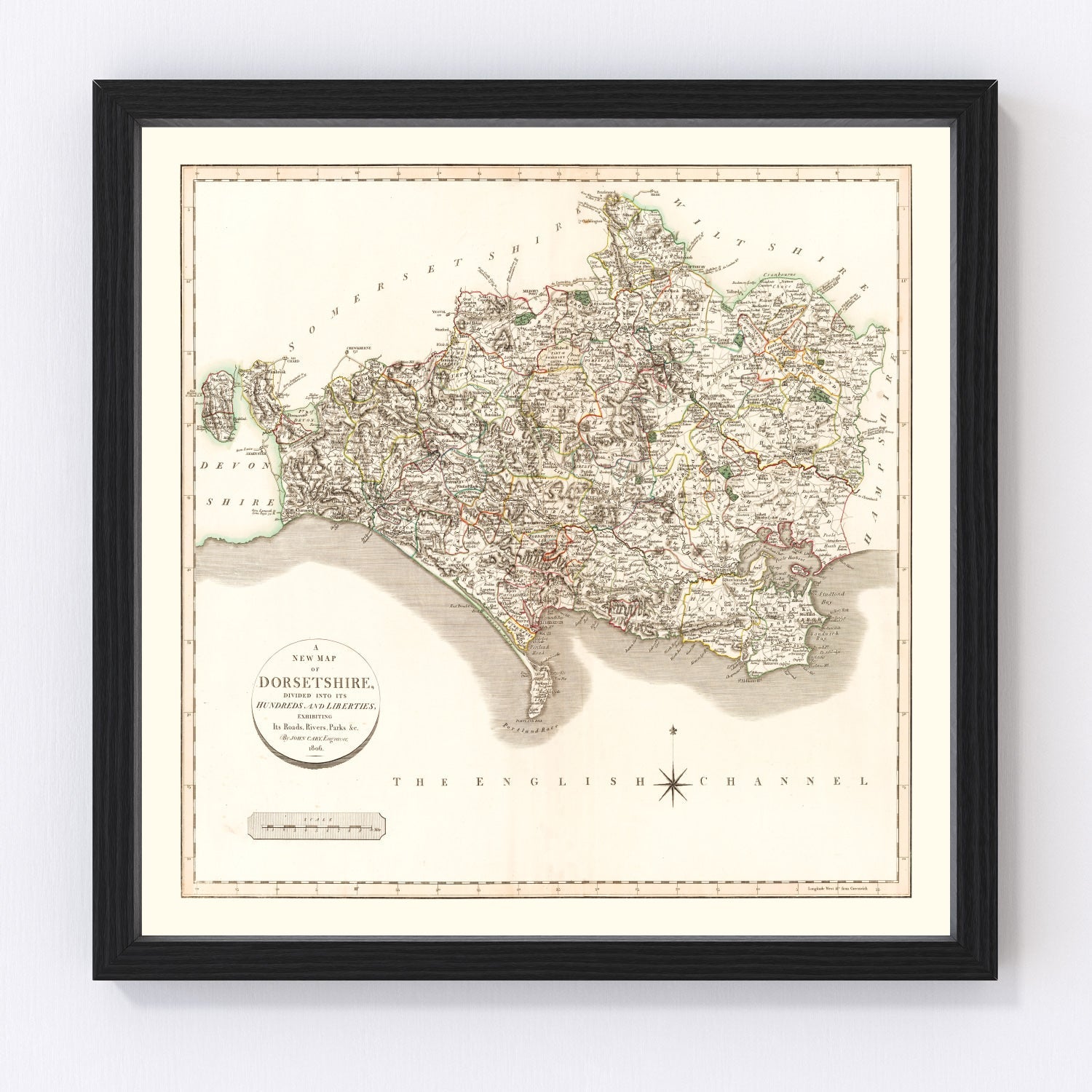 vintage map of dorsetshire, england, 1806