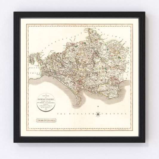 vintage map of dorsetshire, england, 1806