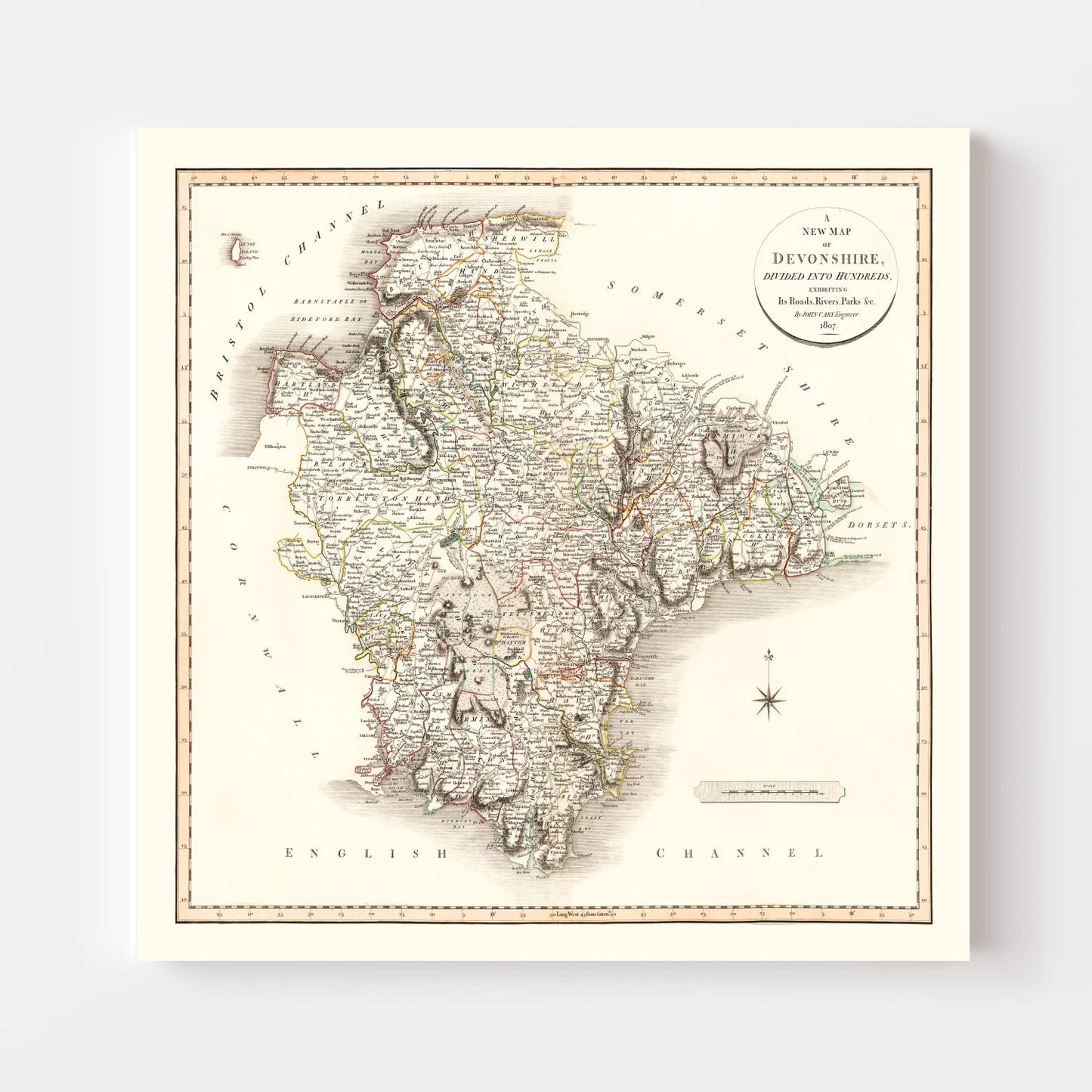 Vintage Map of Devonshire County, England, 1807