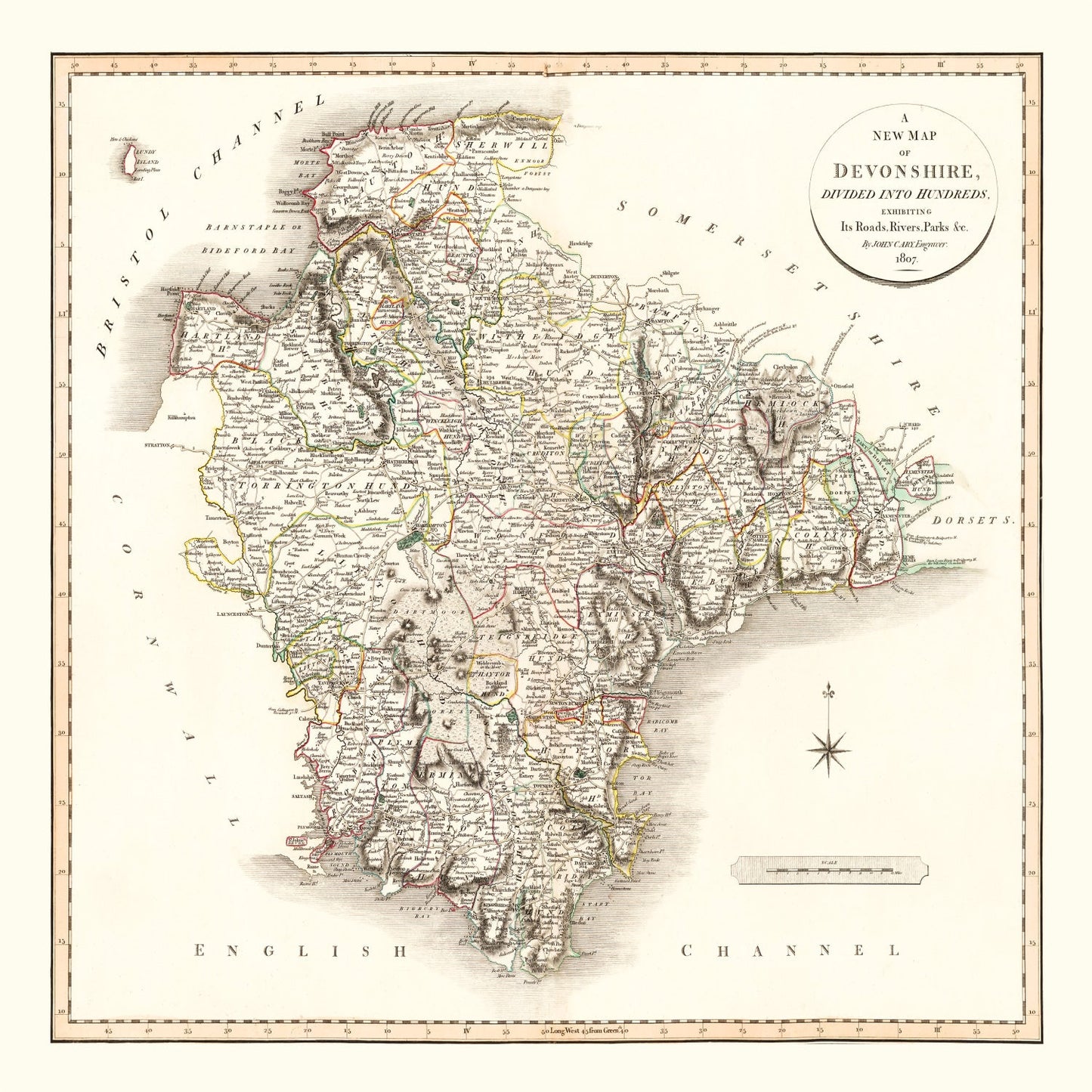 Vintage Map of Devonshire County, England, 1807