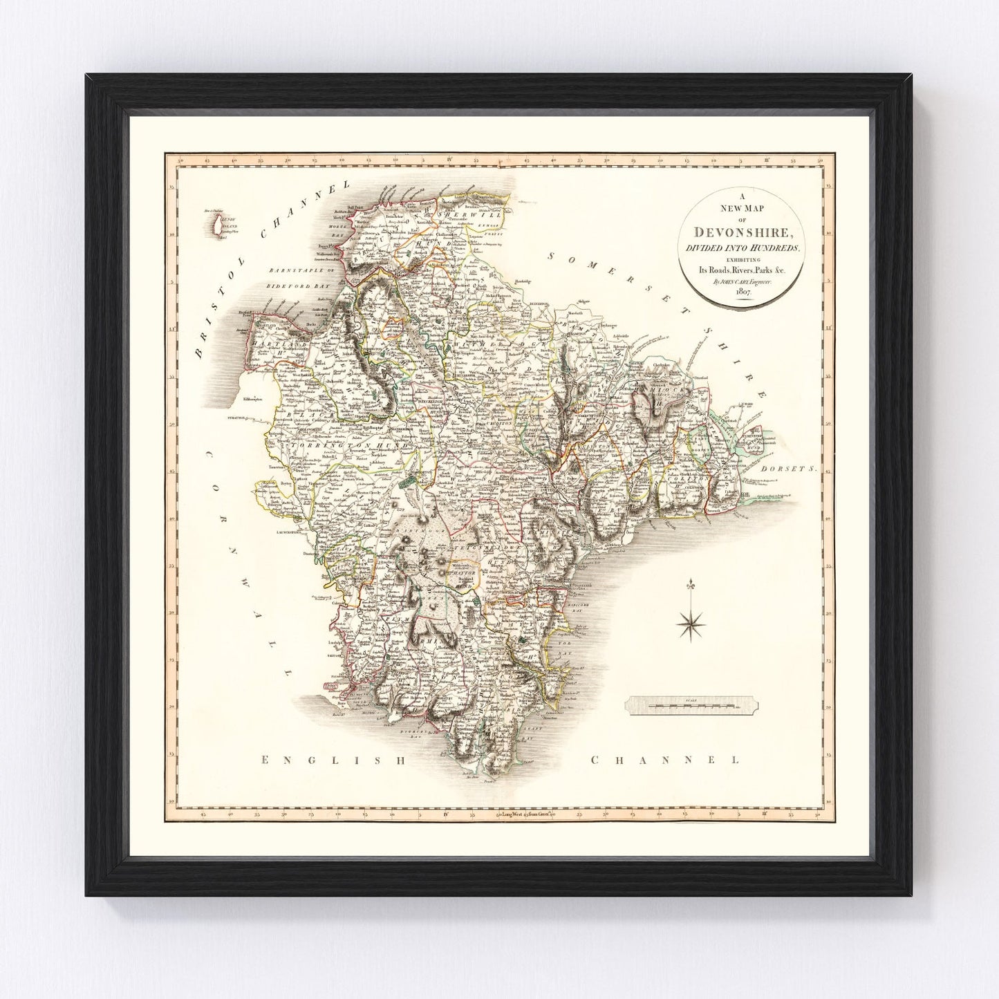 vintage map of Devonshire County, England, 1807