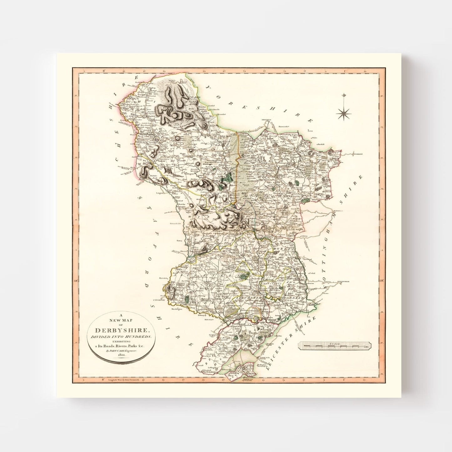 Vintage Map of Derbyshire, England, 1801