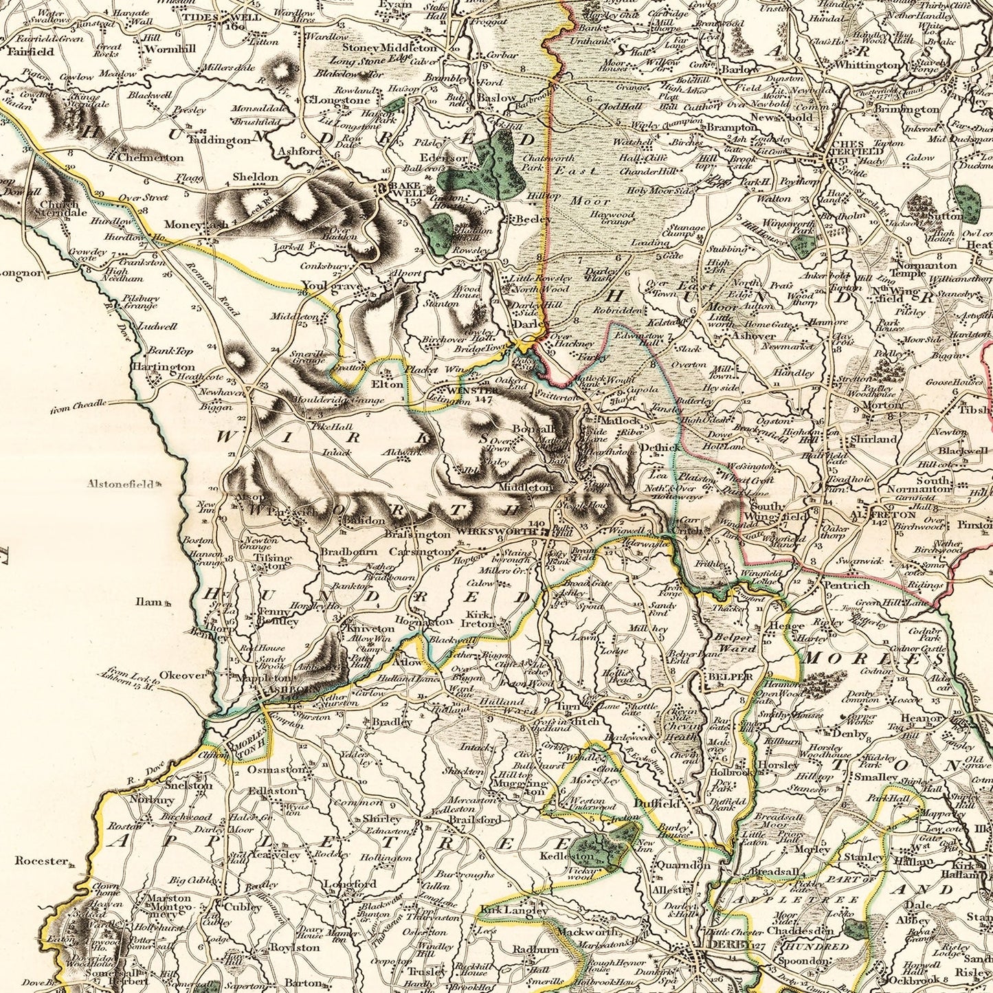 Vintage Map of Derbyshire, England, 1801