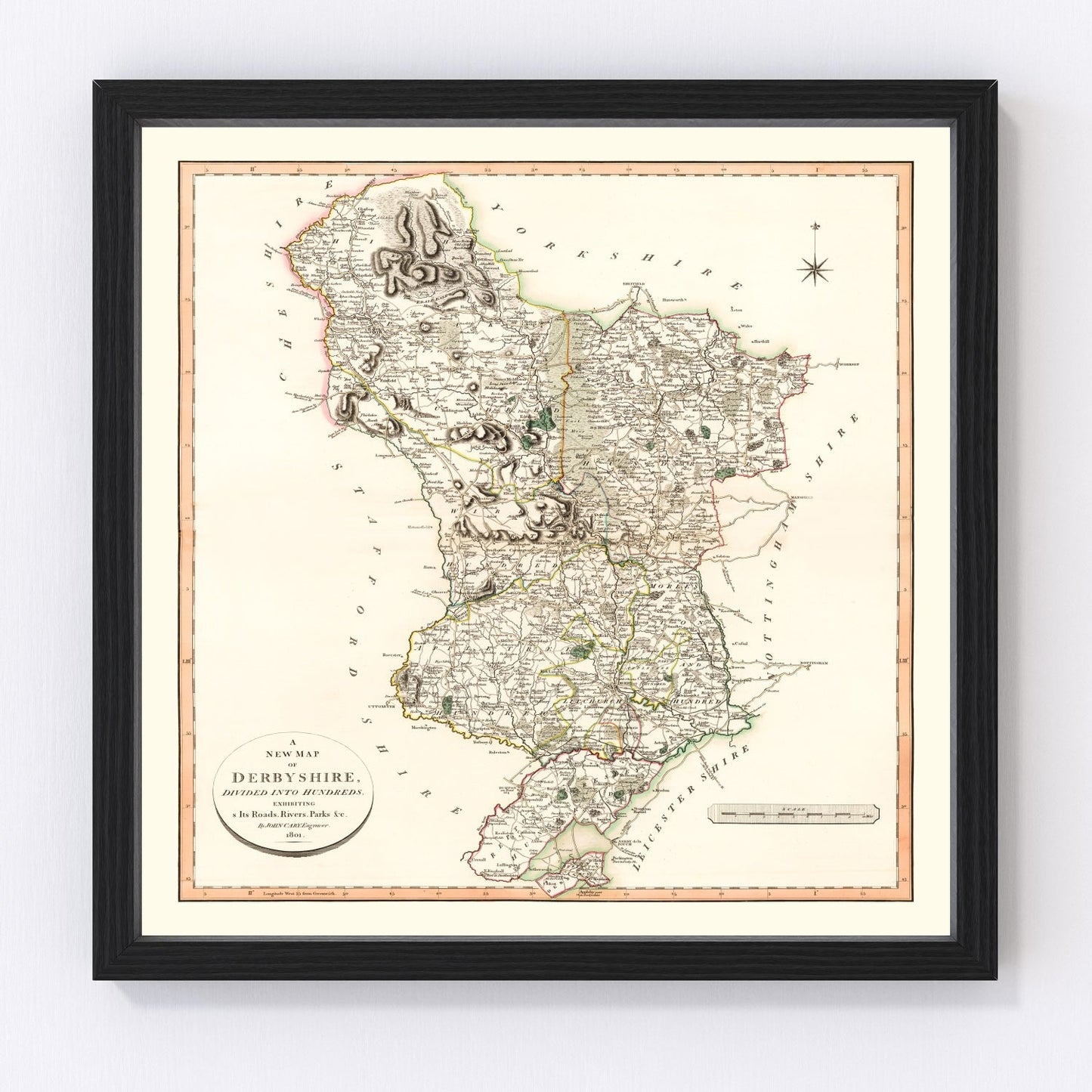 vintage map of Derbyshire County, England, 1801