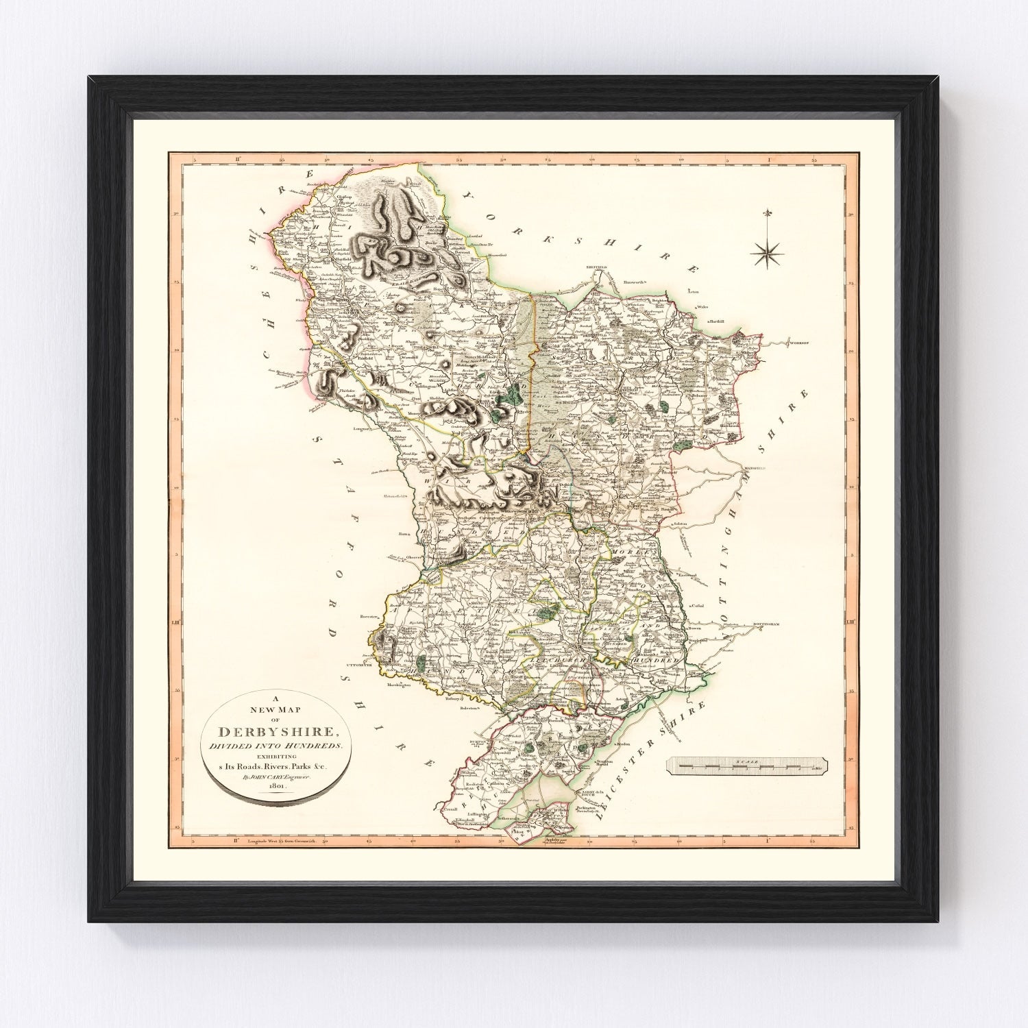 vintage map of Derbyshire County, England, 1801