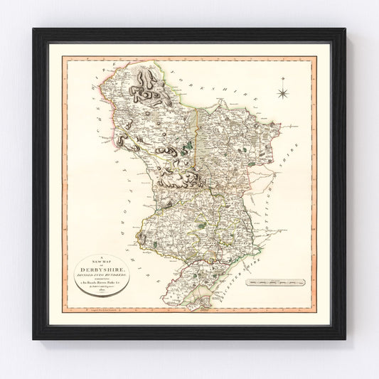 vintage map of Derbyshire County, England, 1801