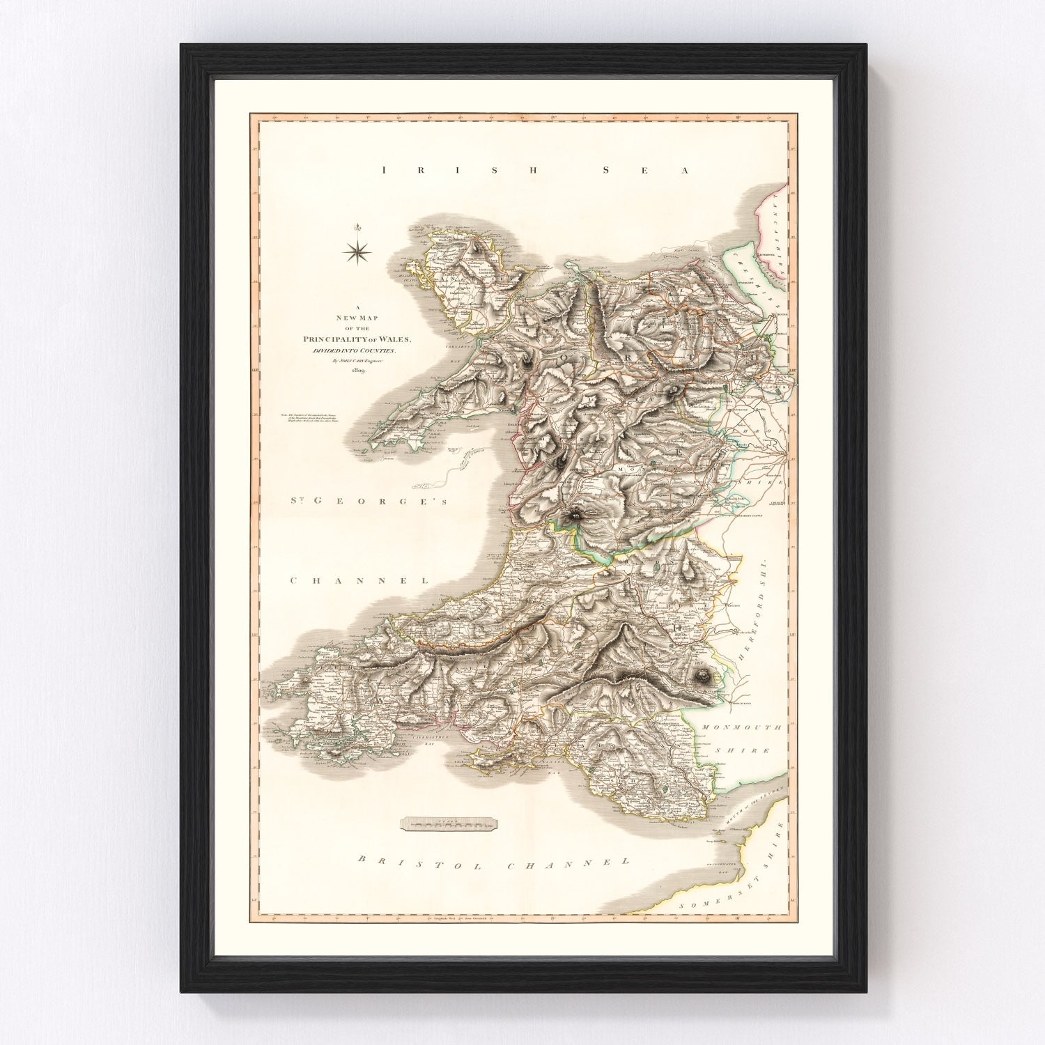 Vintage map of Wales, 1809, digitally restored