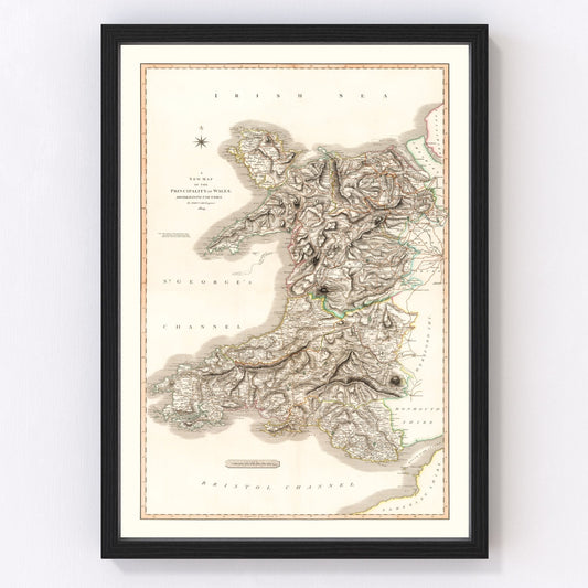 Vintage map of Wales, 1809, digitally restored