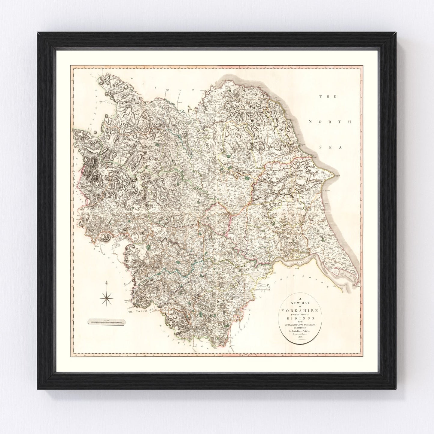 Vintage restored map of Yorkshire County, England, 1808