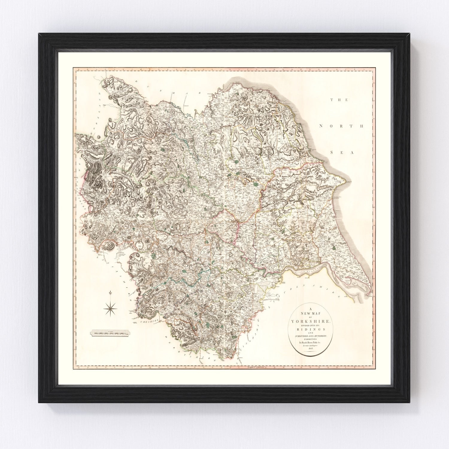 Vintage restored map of Yorkshire County, England, 1808