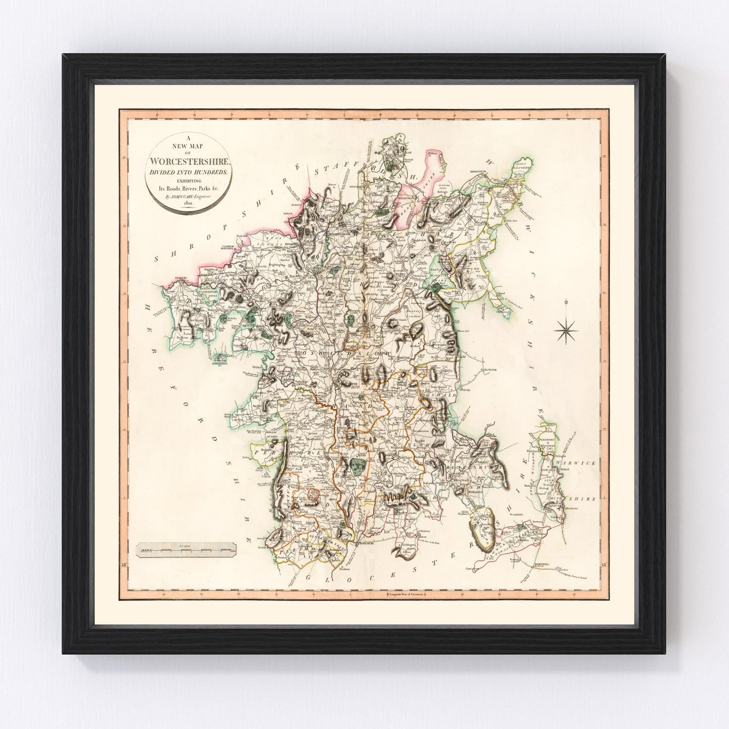 Vintage map of Worcestershire County, England, 1801, Georgian era restored
