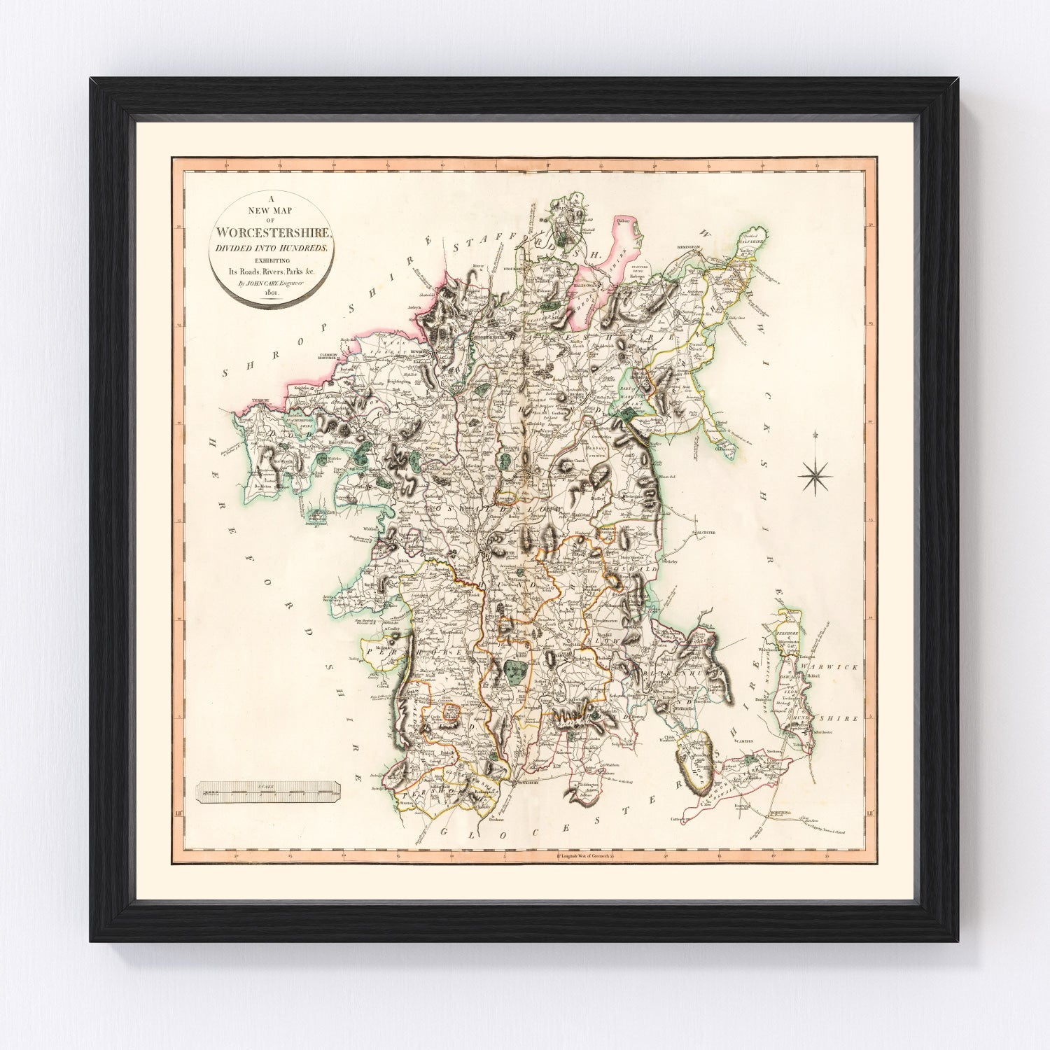 Vintage map of Worcestershire County, England, 1801, Georgian era restored