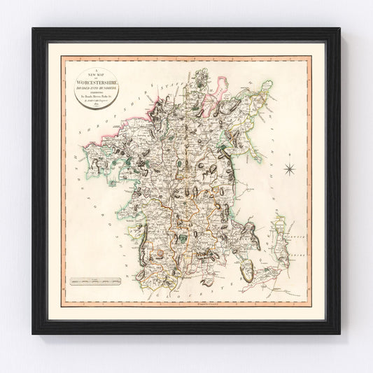 Vintage map of Worcestershire County, England, 1801, Georgian era restored