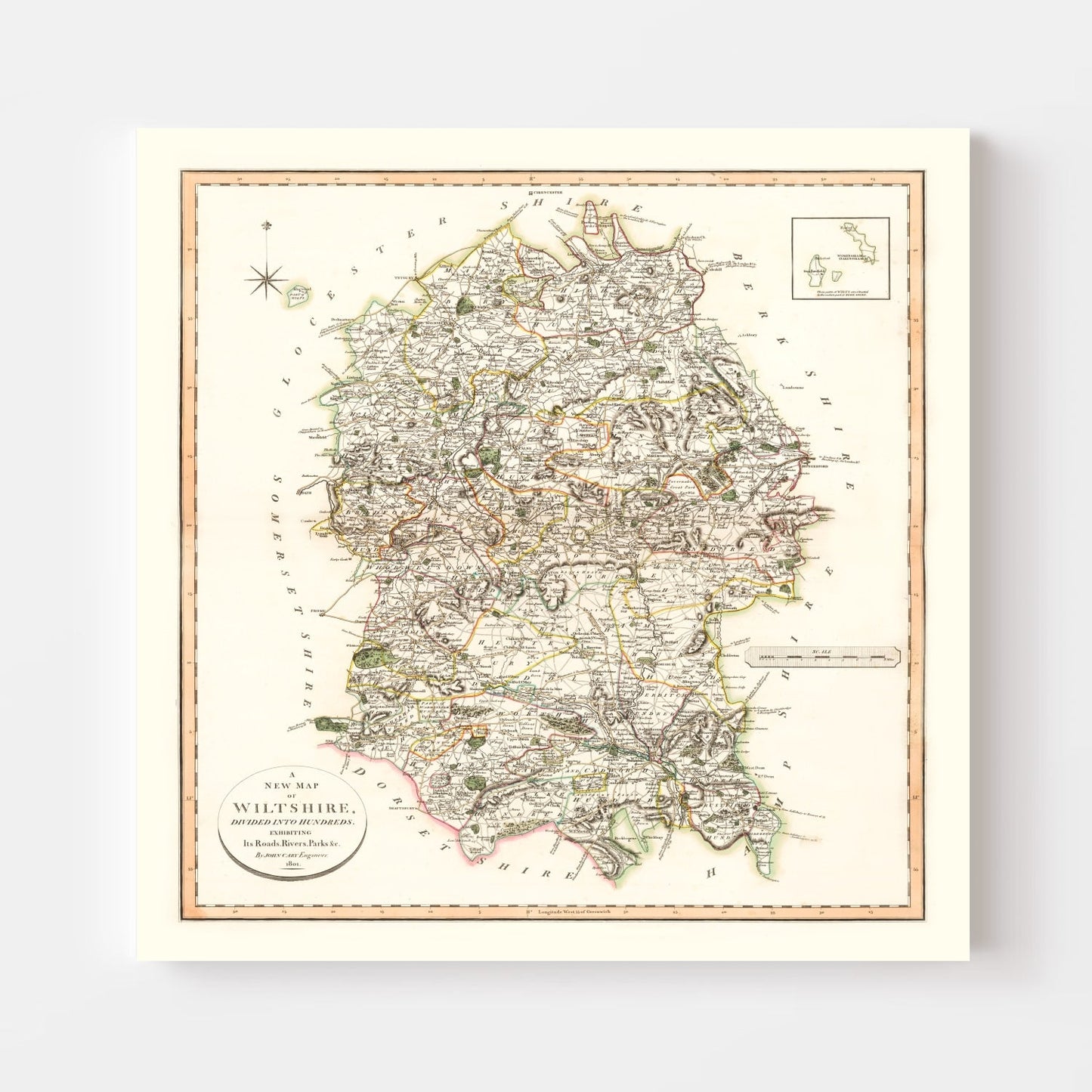 Vintage Map of Wiltshire County, England, 1801