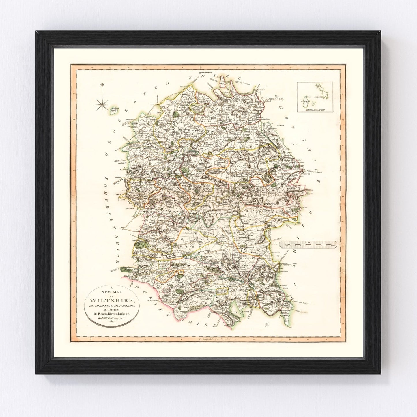 Vintage map of Wiltshire County, England, 1801, Georgian era restored
