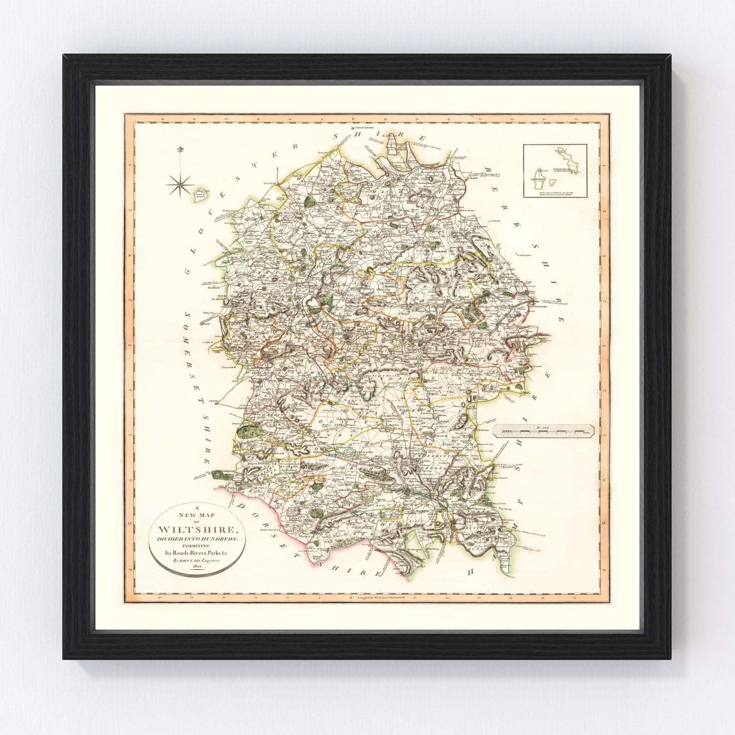 Vintage map of Wiltshire County, England, 1801, Georgian era restored