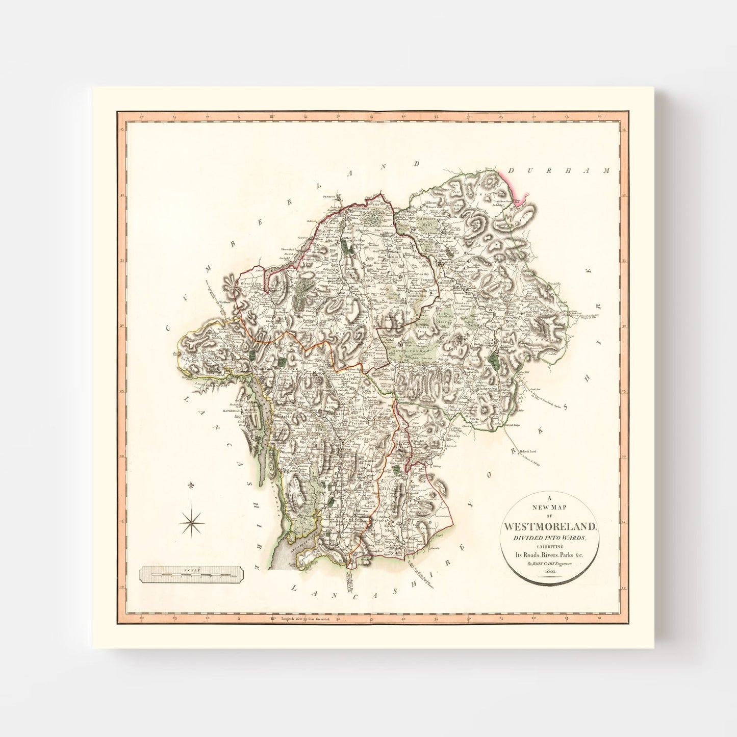 Vintage Map of Westmoreland County, England, 1801