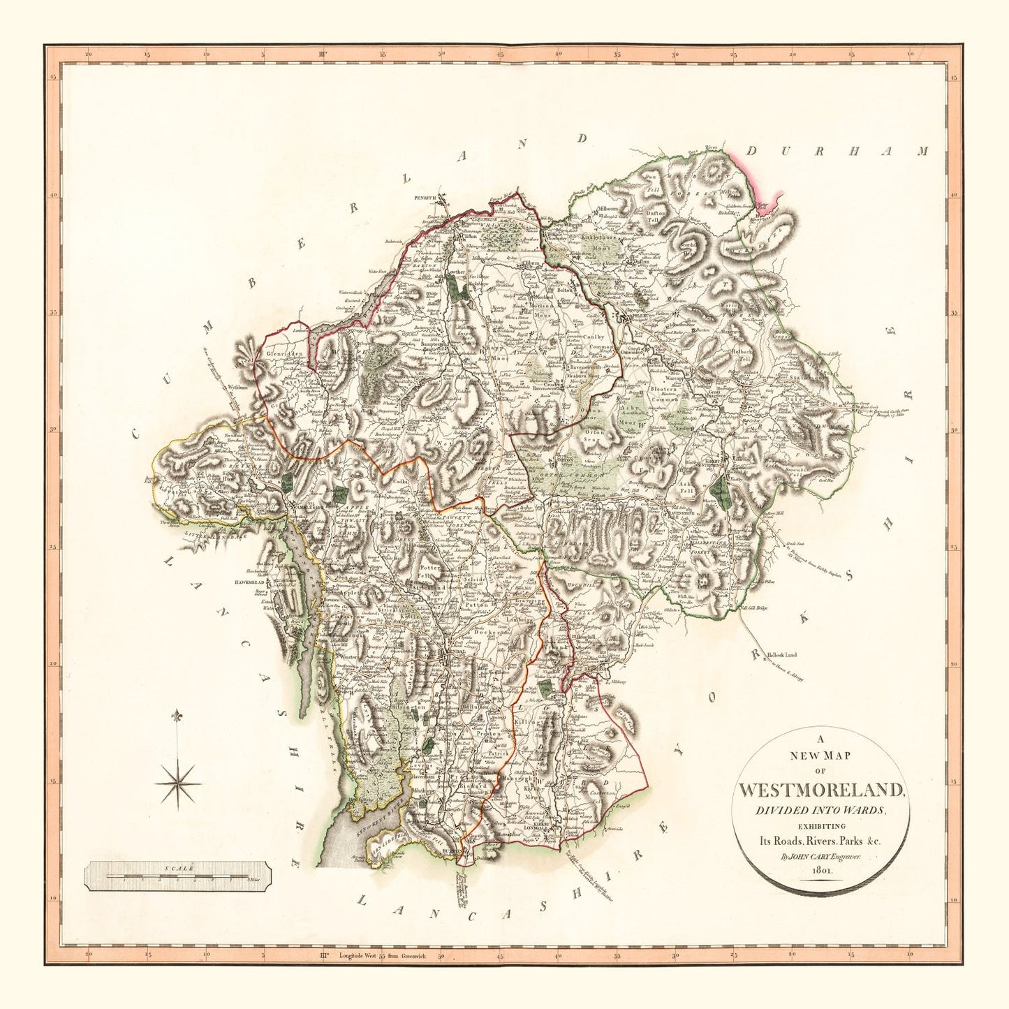 Vintage Map of Westmoreland County, England, 1801