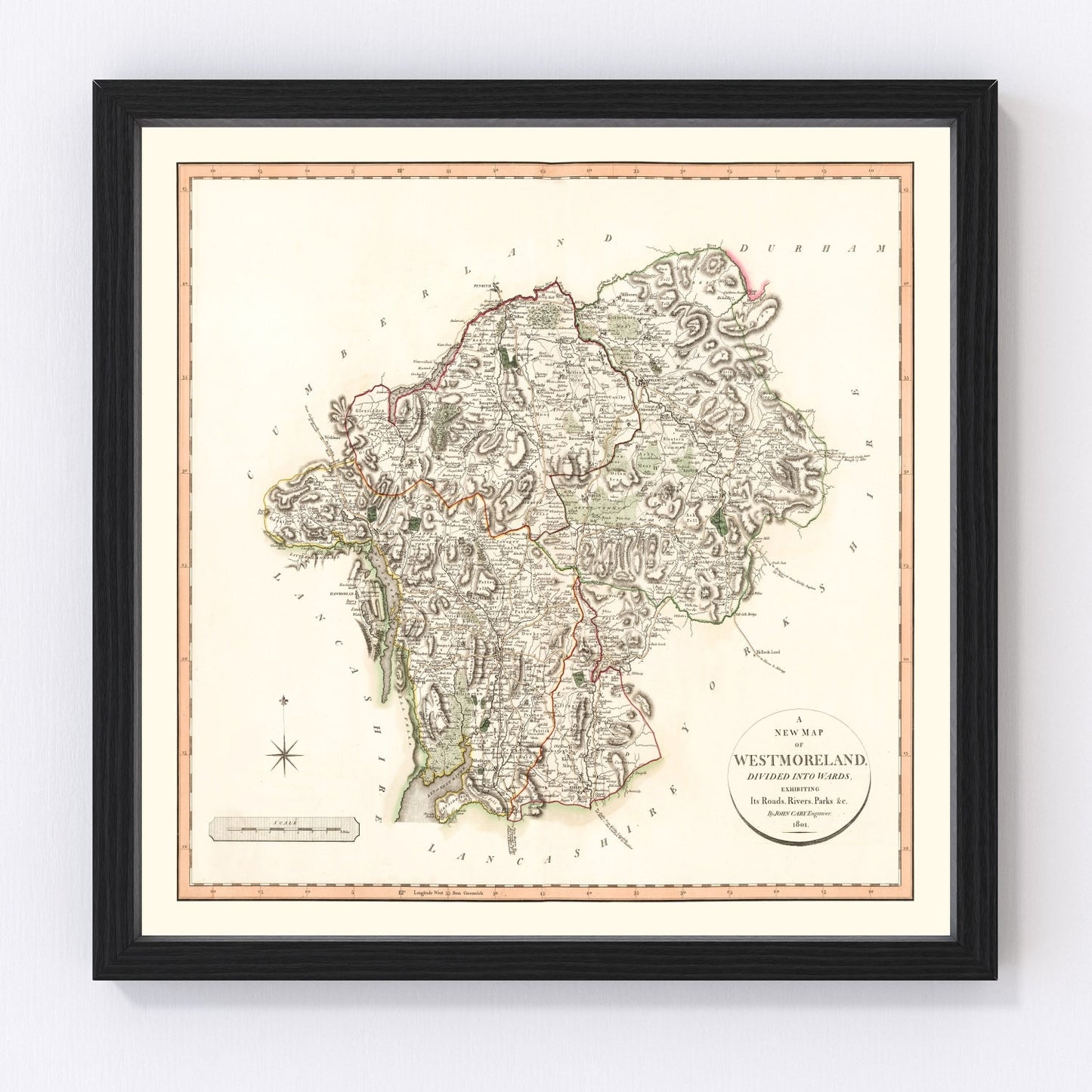 Vintage map of Westmoreland County, England, 1801, northern fells and Lake District