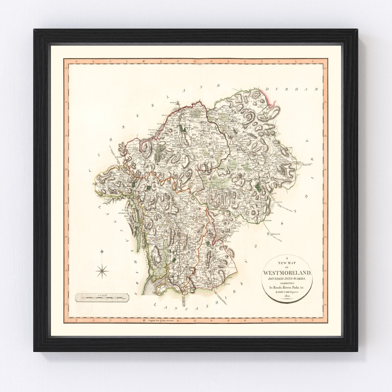 Vintage map of Westmoreland County, England, 1801, northern fells and Lake District