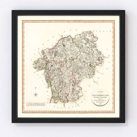 Vintage map of Westmoreland County, England, 1801, northern fells and Lake District