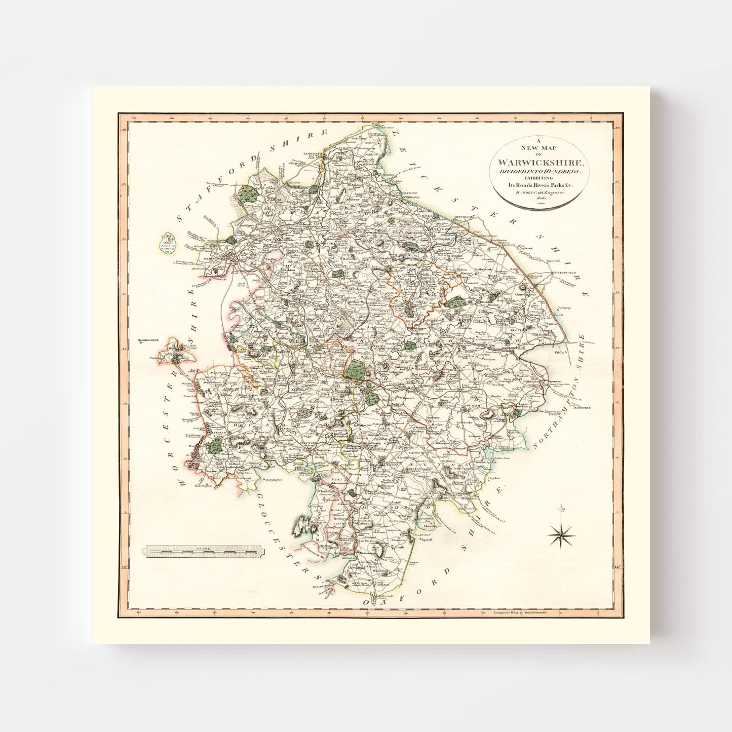 Vintage Map of Warwickshire County, England, 1806