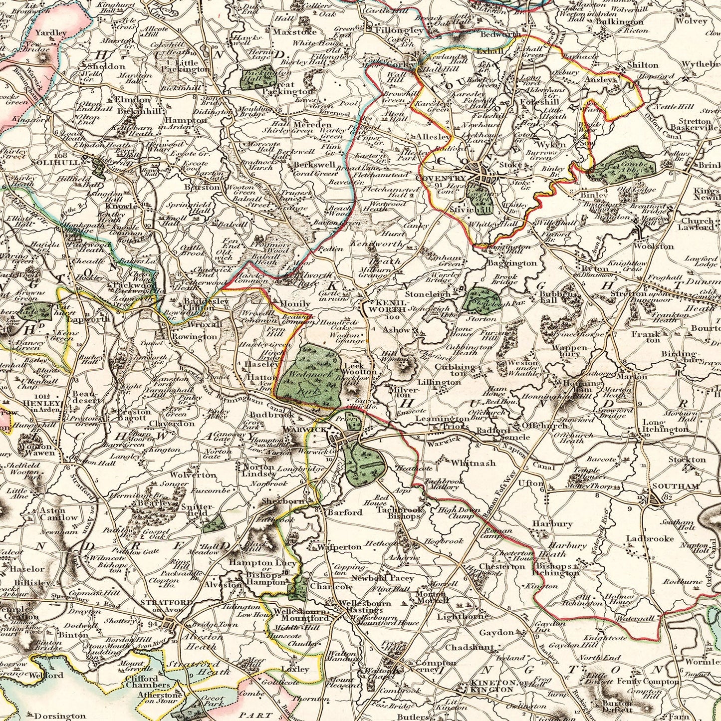Vintage Map of Warwickshire County, England, 1806