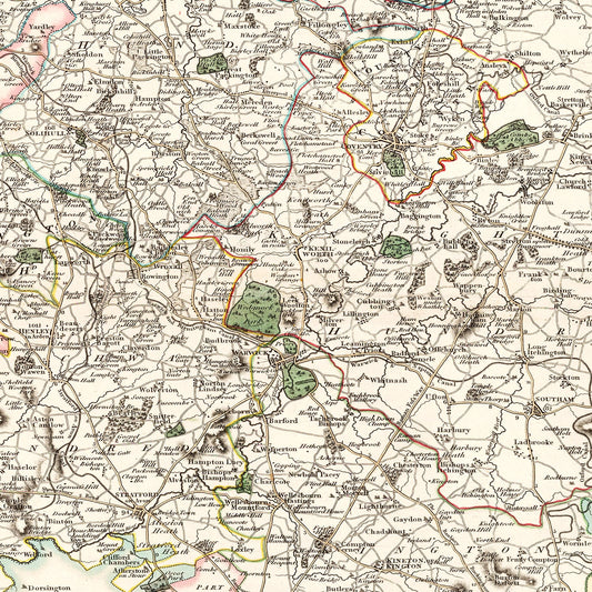 Vintage Map of Warwickshire County, England, 1806
