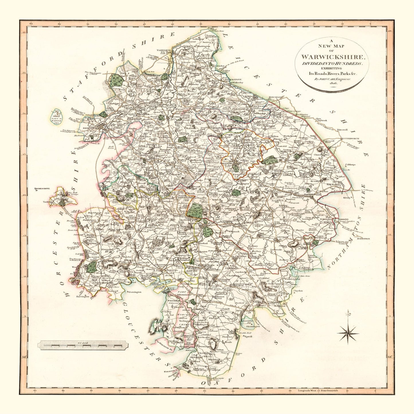 Vintage Map of Warwickshire County, England, 1806