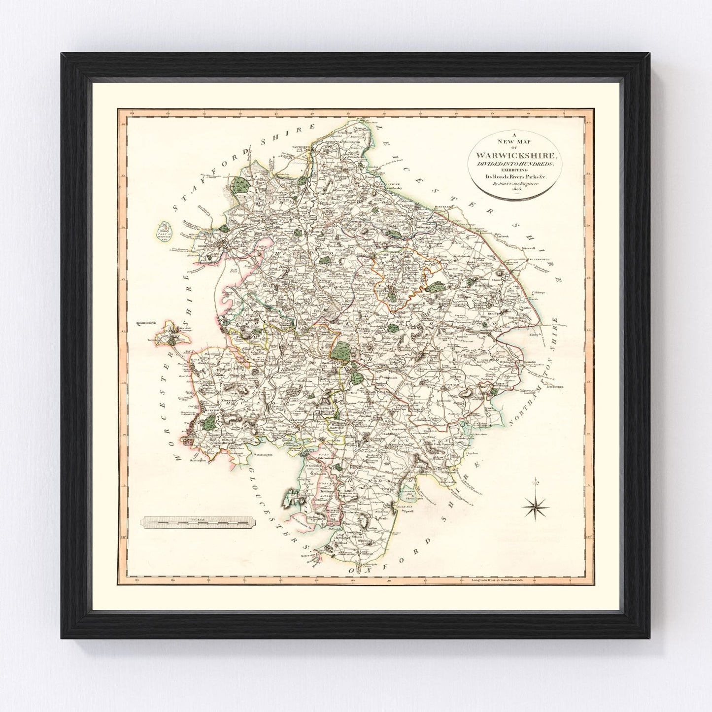 Vintage map of Warwickshire, England, 1806, Regency era Midlands county, digitally restored