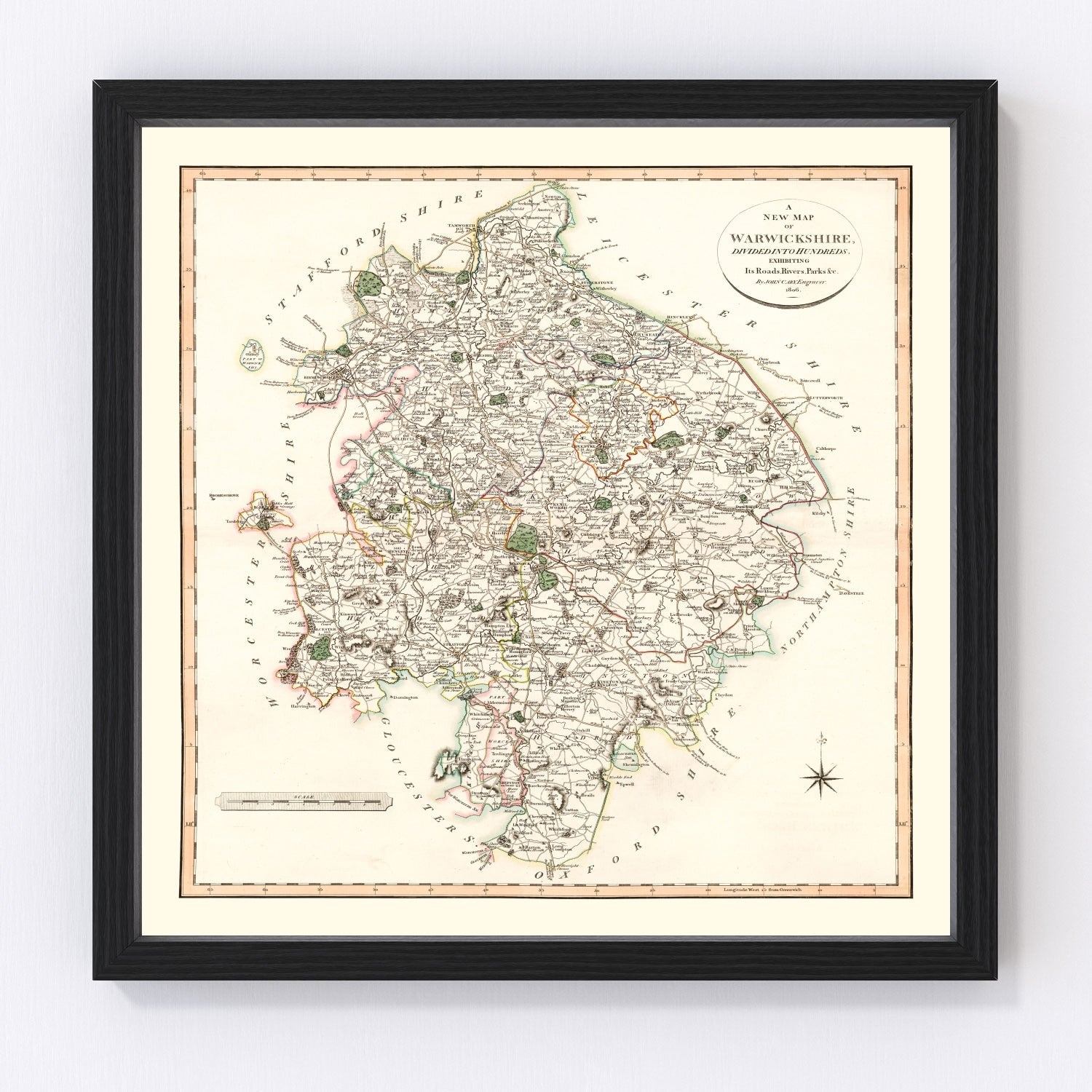 Vintage map of Warwickshire, England, 1806, Regency era Midlands county, digitally restored